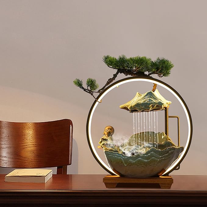 16In Bonsai Tree Statue Water Fountains Indoor Tabletop Waterfall Humidifier with LED Light and Atomizer Mist, Japanese Zen Decor Meditation Fake Plants Bonsai Feng Shui Decor Festival Birthday Gift - Bloomnest