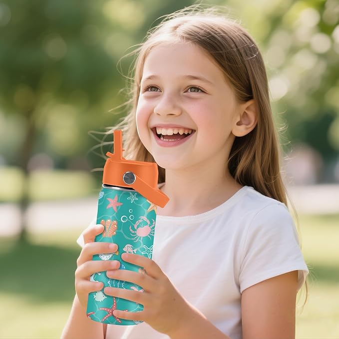 Ocean Gifts for Kids - 16 Oz Green Water Bottle with Straw Lid, Stainless Steel Insulated Tumbler, Leak Proof, BPA-Free, for Girls & Boys, School, Beach - Marine Life Lovers Birthday Gifts (1pc) - Bloomnest