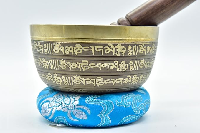 5 Inch Fine Etching Handmade Singing Bowl Yoga Meditation, with cushions and Mallet, Real Sandmade Singing Bowl from Nepal, healing bowls - Bloomnest