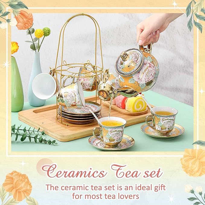Zhehao 20 Pcs Porcelain Tea Set with Metal Holder and Spoon Adult Ceramic Tea Set European Flower Painting Teapot Cup Saucer Spoon for Women, Large Version(Classic Style) - Bloomnest