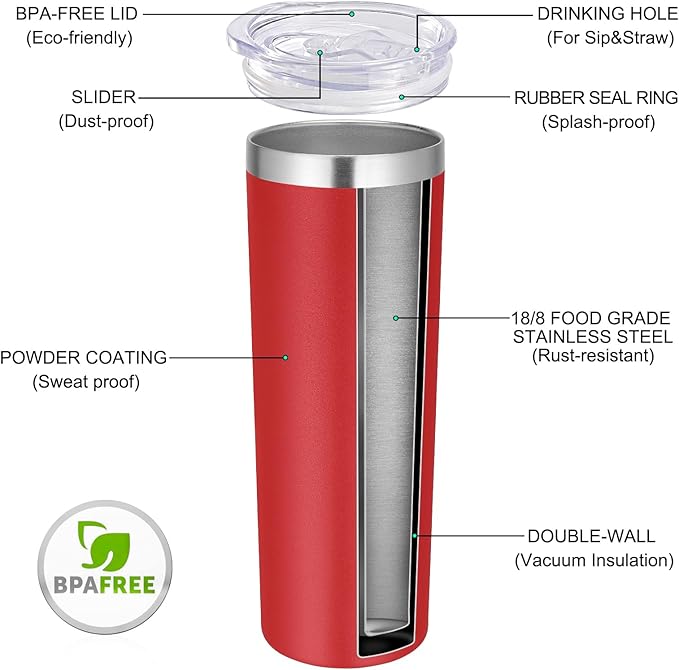 VEGOND 20 oz Stainless Steel Skinny Tumbler with Lids and Straws, 20oz Vacuum Insulated Slim Tumbler Cup, Double Wall Travel Tumblers Bulk for Cold Hot Drinks, Red 12 Pack - Bloomnest