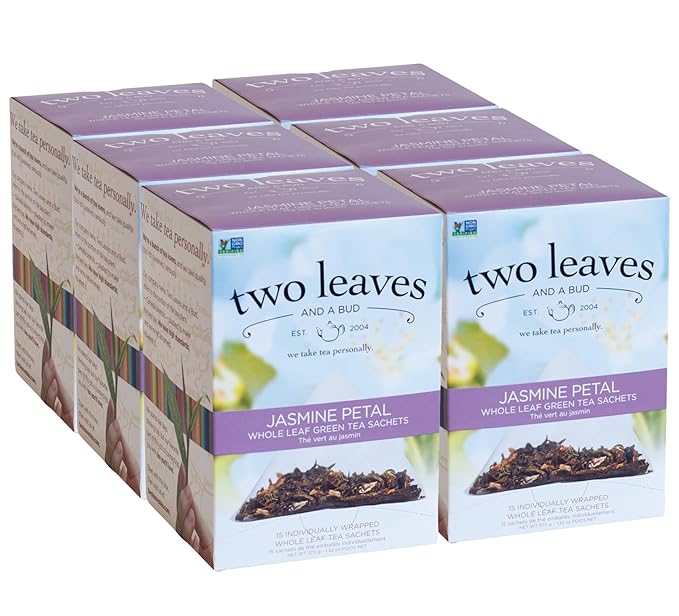 Two Leaves and a Bud Jasmine Green Tea Bags, 15 Count (Pack of 6) Whole Leaf Green Tea in Pyramid Sachet Bags, Compostable Sachets, Delicious Hot or Iced with Milk or Sugar or Honey or Plain - Bloomnest