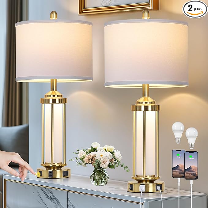 Modern Table Lamps, Gold 27" Industrial Table Lamp Set of 2 with USB A+C Charging Ports & AC Outlet, Farmhouse Rustic Beside Lamp for Living Room Bedroom Office End Table(4 LED Bulbs Included) - Bloomnest