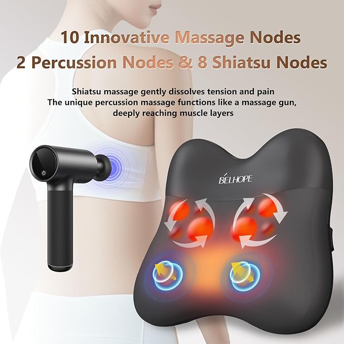 belhope Shiatsu Back Massager with Heat,Percussion Massage Cordless Back Massage for Pain Relief Deep Tissue.4D Kneading Massage,Gift for Men Women Parents Relaxation at Christmas Office Car,Black