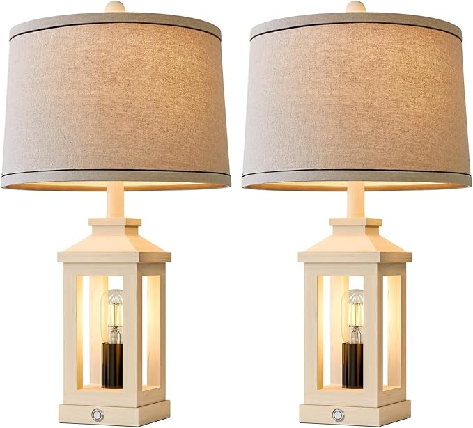 BOBOMOMO 23.75" Antique White Farmhouse Table Lamps Set of 2 – Vintage Nightstand Lamps with 3 Way Dimmable Touch Control Night Light & USB A+C Ports, Rustic Lamps for Bedroom, Living Room, Hallway
