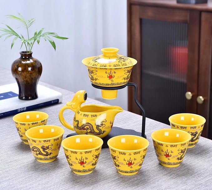 Chinese Gongfu Tea Gift Set, Semi Automatic Drip Rotating with Infuser Handmade Ceramics Tea Pot 6 Cups Yellow Dragon - Bloomnest