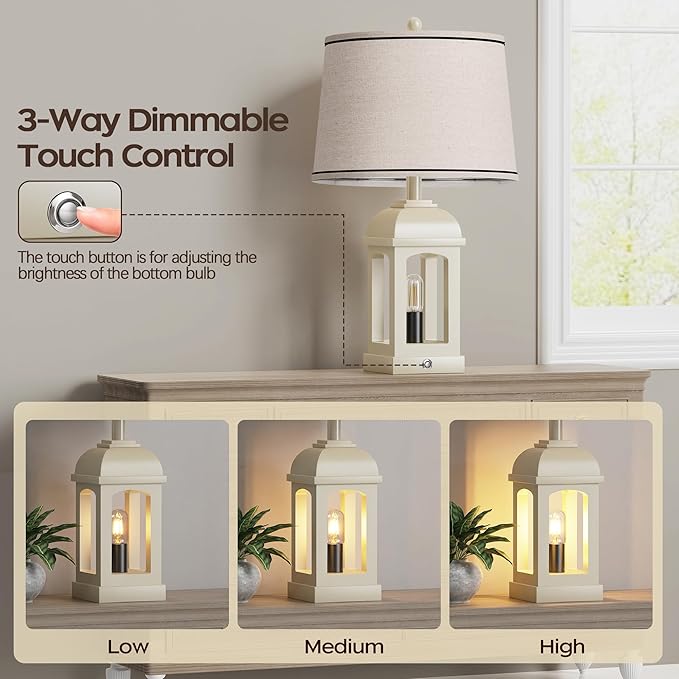 QiMH Table Lamp for Living Room, Farmhouse Lamps Set of 2 with USB A+C and Nightlight, 26" Rustic Bedside Lamps with 3-Way Dimmable, Touch Nightstand Lamp for Bedroom, White - Bloomnest