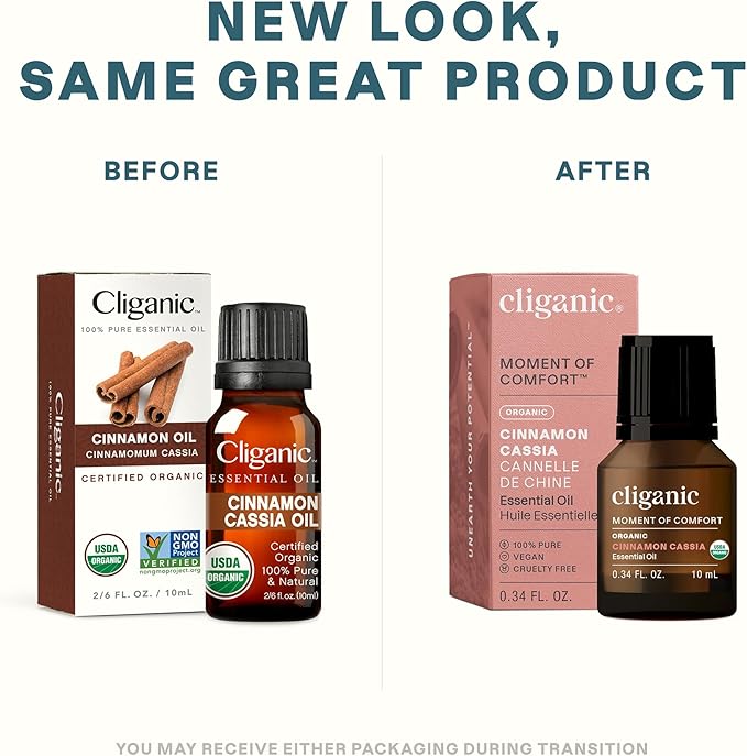 Cliganic Organic Cinnamon Cassia Essential Oil, 100% Pure Natural Undiluted, for Aromatherapy | Non-GMO Verified (Packaging May Vary) Cliganic