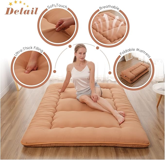Japanese Floor Mattress, Futon Mattress with Portable Storage Bag and Washable Cover, Roll Up Thick Tatami Mat Suitable for Camping, Guest Room, Light Coffee, Queen - Bloomnest