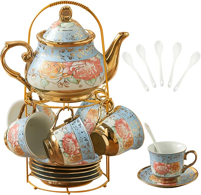 20Pcs Porcelain Tea Set for Adults, European Ceramic Tea Set Flower Ceramic Tea Cups, Teapot, & Saucers with Metal Holder for Women Tea Party (Blue) - Bloomnest