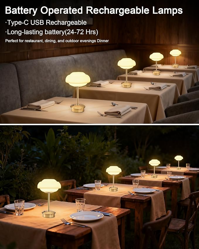 9" Mini Cordless Table Lamp with Cloud-Shaped, Small Rechargeable Battery Operated Lamps, 3-Way Touch Dimmer, Portable Brass Bedside Night Light for Restaurant Dining Kitchen Bathroom Patio Side Table - Bloomnest