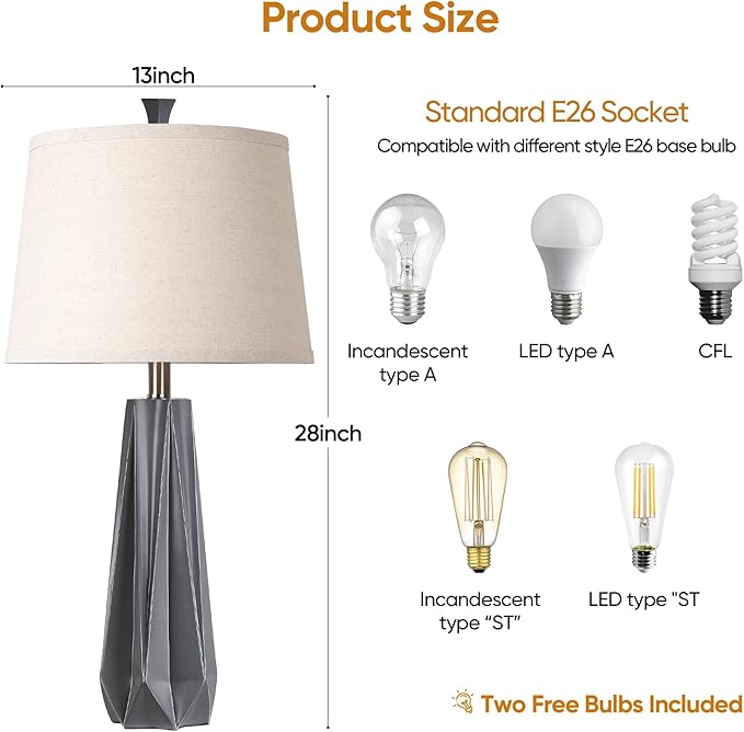 WIHTU 3 Color Temperature Table Lamps Set of 2, 27'' Grey Modern Table Lamp for Living Room, Beside Lamp with Linen Shade, Resin Desk Lamp for Nightstands Bedroom Decor (2 Bulbs Included) - Bloomnest