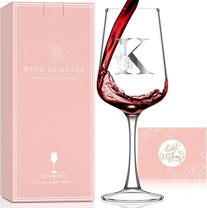 Valentines Day Gifts for Her Women - Personalized Initial Wine Glasses Custom Gift, Galentines Gift Christmas Mothers Day Birthday Gifts for Women Her Mom Wife Best Friend Sister (K) - Bloomnest