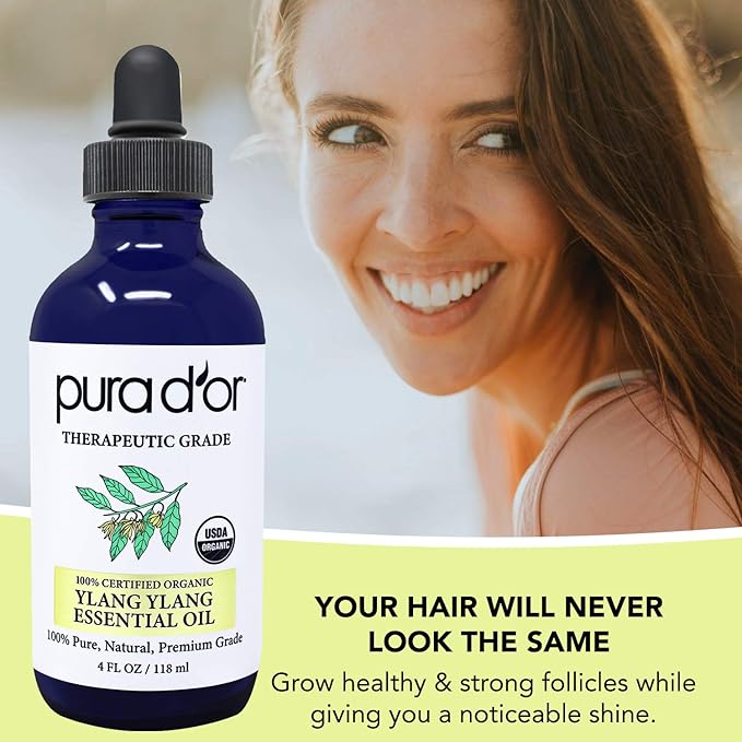PURA D'OR Organic Ylang Ylang Essential Oil (4oz with Glass Dropper) 100% Pure & Natural Therapeutic Grade for Hair, Body, Skin, Aromatherapy Diffuser, Relaxation, Massage, Mood, Antioxidant Support - Bloomnest