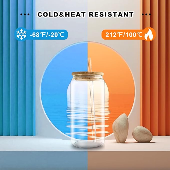 Sublimation Glass Cups Blanks with Bamboo Lids and Straws 12 Set 16 oz Reusable Iced Coffee Cup Beer Can Drinking Glasses, Cute Tumbler Cup for Smoothie Whiskey Boba Soda Tea Water - Bloomnest