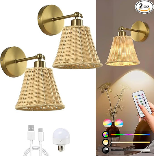 Battery Operated Wall Sconce Set of Two, Rechargeable Bamboo Wall Sconces with Remote RGB 15 Colors Dimmable, Farmhouse Boho Wall Lights for Bedroom Living Room Entryway - Bloomnest