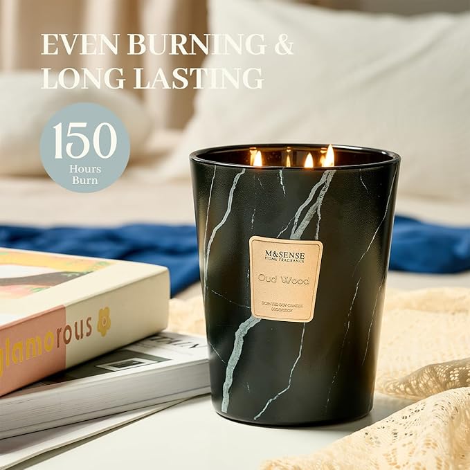 M&SENSE OudWood Scented Candles for Home, 3-Wick Highly Scented Jar Candles, Extra Large Candle 35 Oz 150 Hours Long Lasting Burning, Relaxing Aromatherapy Candle for Stress Relief, Meditation - Bloomnest