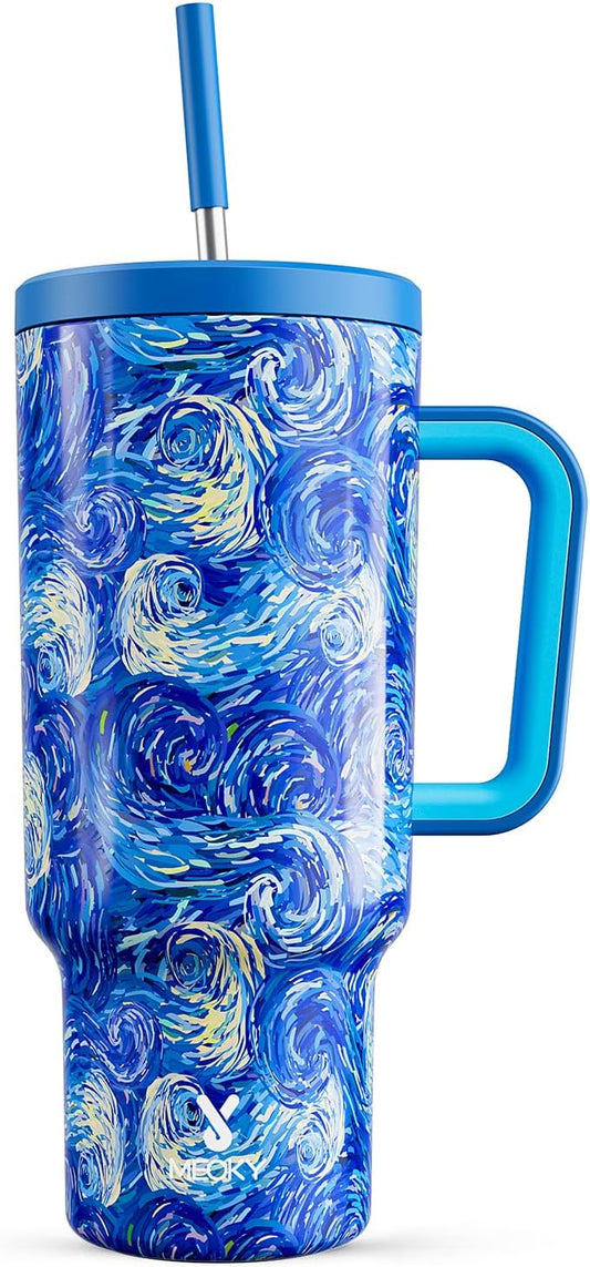 Meoky Tumbler with Handle and Straw for Women: 40 oz Stainless Steel Insulated Tumbler with Lid and Straw 100% Leakproof for Car Cup Holders - Travelers Commuters Workers, Van Gogh - Bloomnest