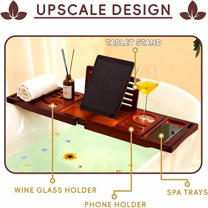 Premium Foldable Bamboo Bathtub Tray Caddy, Expandable Bath Caddy Tray with Holder, Brown Bath Shelf Over Tub, Spa Bathroom Accessories & Gifts for Home - Bloomnest