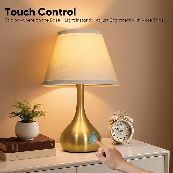 Touch Table Lamp for Bedroom Set of 2, 3-Way Dimmable Bedside Lamp for Nightstand, 17” Modern Metal Desk Lamp with Linen Shade for Living Room, Kids Reading, Dorm, Home Office Decor, Bulb Included - Bloomnest