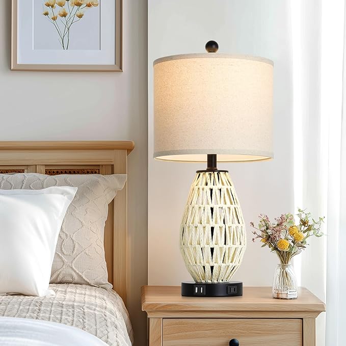 White Rattan Table Lamps Set of 2, 3 Way Dimmable Touch Control Bedside Lamp for Nightstand with 2 USB Ports and AC Outlet, Woven Wicker Bedroom Lamp, Boho Farmhouse Lamps for Living Room End Table - Bloomnest