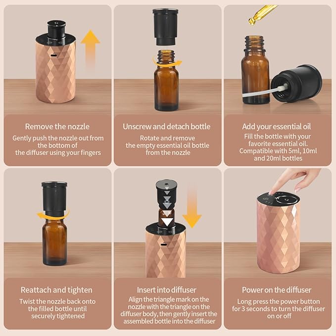 Waterless Diffuser for Essential Oil,Aromatherapy Air Scent Diffuser with 3 Mist Modes and 3 Countdown Timers,Mini Portable Scent Machine for Home,Room,Car,Office,Rose Gold - Bloomnest