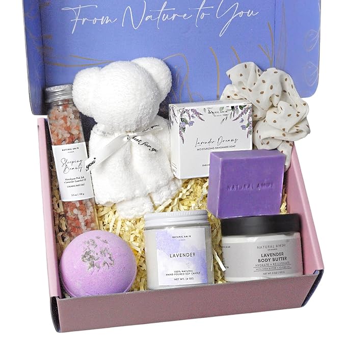 Natural Amor Lavender Spa Gifts for Women,7pcs Self Care Box Including Soap Bar, Candle, Bath Butter - Bloomnest