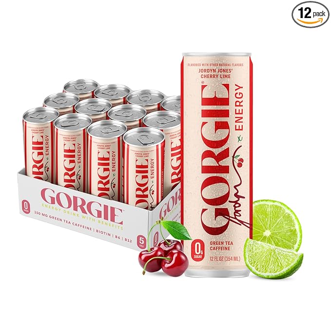 GORGIE Jordyn Jones Cherry Lime, Sugar-Free Natural Energy Drink Sparkling, Healthy Energy Drinks - Green Tea, Biotin, B Vitamins -150mg Caffeine, Vegan, & Low Calorie (Pack of 12) - Bloomnest