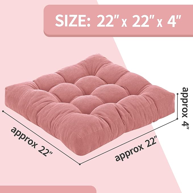 Floor Pillow Cushions for Adults Sitting Large Big Pillows for Floor Seating Square Memory Foam Thick Tufted, 22 x 22 Inch, Set of 2, Pink - Bloomnest