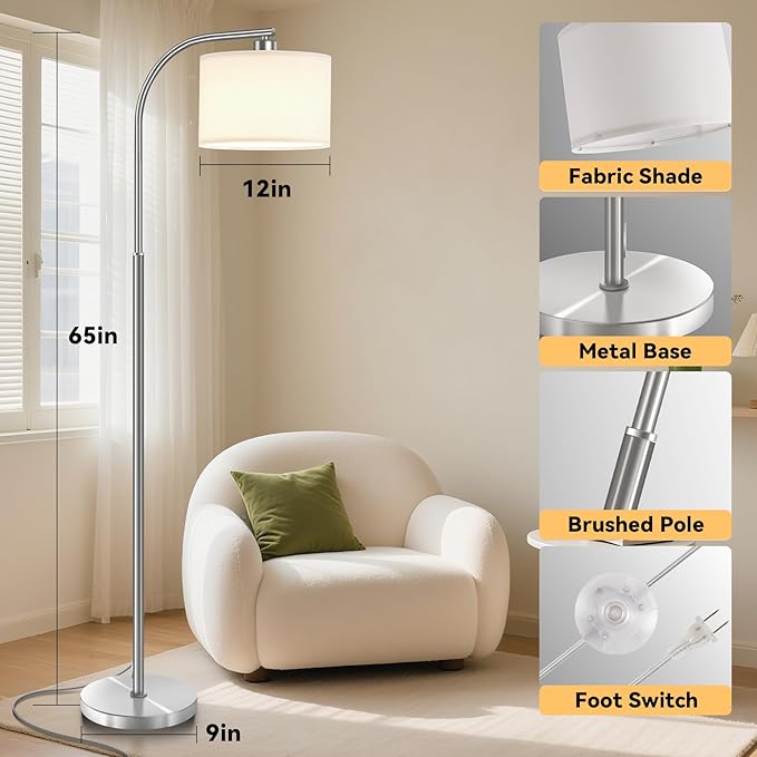 Floor Lamp for Living Room with Remote,Dimmable Standing Lamps,Modern Tall Floor Light with Smart RGB Bulb,App Control,3 Color Temperatures,Fabric Shades,Silver Floor Lamp for Bedroom Corner - Bloomnest