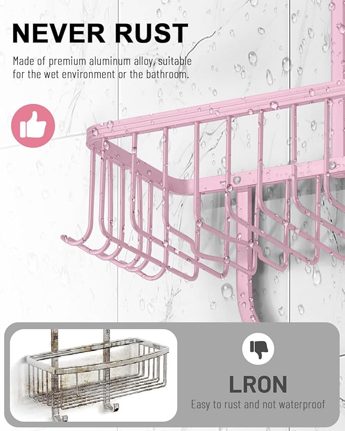 Pink Shower Caddy for Bathroom - Never Rust Hanging Shower Organizer with Soap Basket and Hooks - Large Capacity 3 Tier Aluminum Over The Showerhead Caddy - Bloomnest