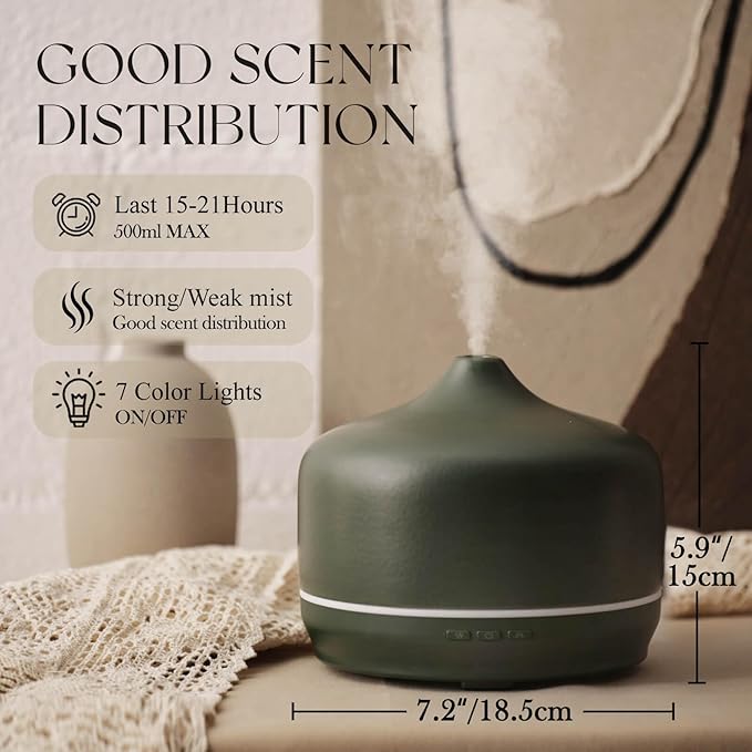 Porseme 500ml Ceramic Essential Oil Diffuser Aromatherapy Ultrasonic Cool Mist Humidifier 15-21 Running Hours Air Diffusers for Sleeping Yoga Office Working Spa and Rest (Hunter Green) - Bloomnest