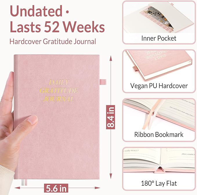 SUNEE Daily Gratitude Journal – 52 Weeks Simple 5 Minute Journal for Daily Reflection, Build Positivity and Mindfulness, Undated Minimalist Planner for Women & Men (Pink)
