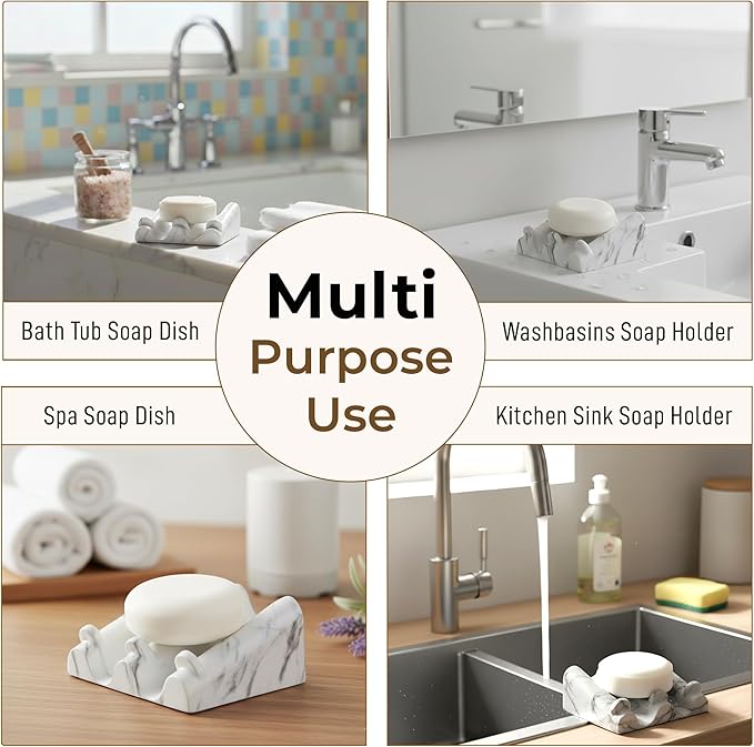 DOXOLOGY White Marble Soap Dish Bathroom Organizer - Resin Soap Dish with Rectangular Design 3.7" L x 2.8" W - Self Draining Soap Dishes Keeps Countertop Neat - Marble Look Soap Tray for Sink - Bloomnest