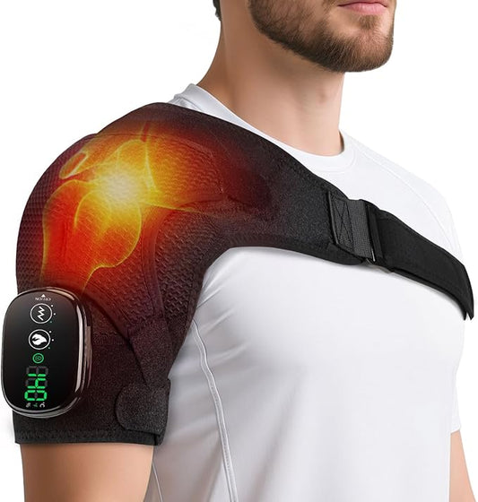 Cordless Shoulder Heating Pad with Vibration for Rotator Cuff Pain Relief, Heated Shoulder Massage Pad, Rotator Cuff Support Brace with 3 Heating Levels &3 Vibration (Black) - Bloomnest