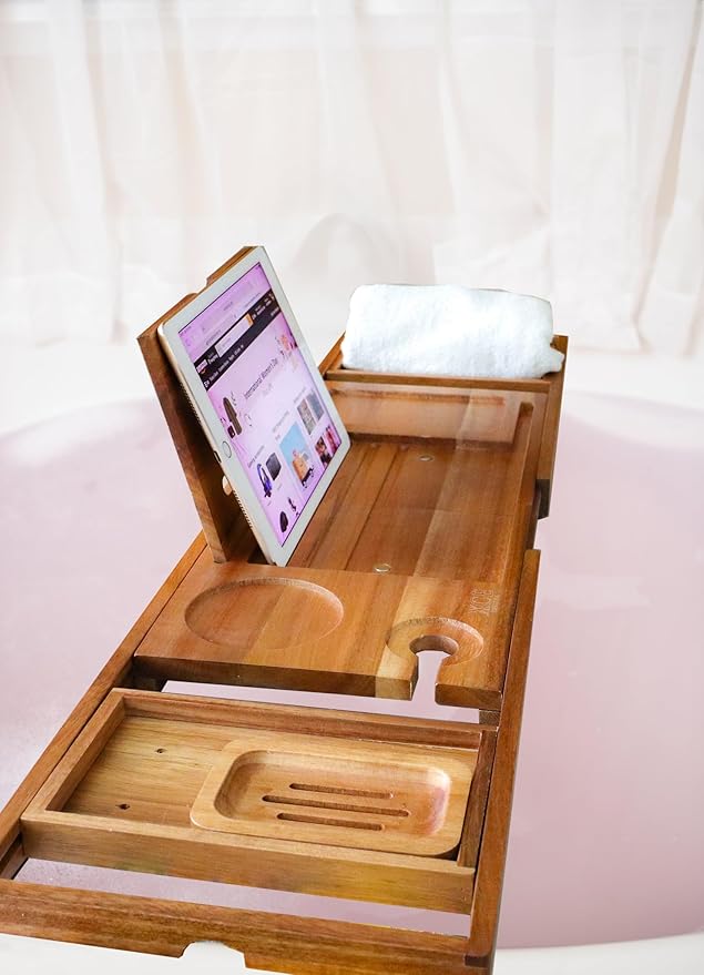 XcE Foldable Acacia Wood Bathtub Caddy Tray - Expandable to 40 Inches with Non-Slip Pads for Couples Luxury Bath - Bloomnest
