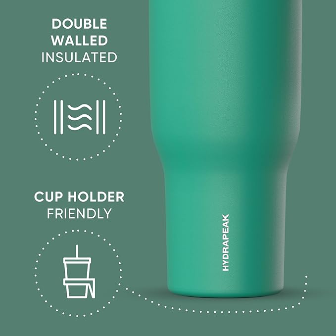 Hydrapeak Voyager 40 Oz Stainless Steel Tumbler with Handle, Insulated Water Bottle With Straw & Lid, Cupholder Friendly Reusable Travel Mug (Kelly Green) - Bloomnest