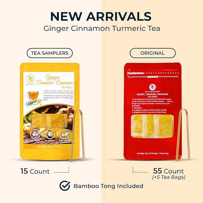 Ginger Cinnamon Turmric Tea Bags with Bamboo Tong - 55 Count (+5 Count), 5.47 oz, Re-Steep Corn Based Bag, Natural Herbal Tea for Body Warm, Liver Support - Bloomnest