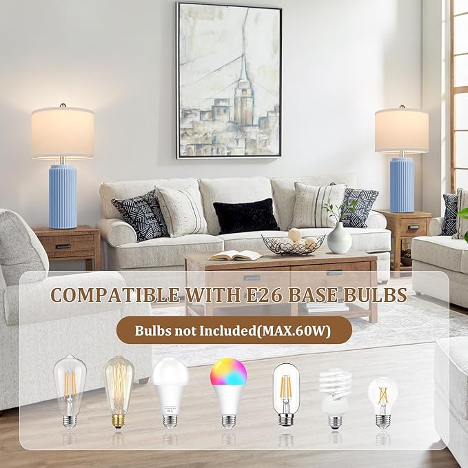 23.5’’ Sky Blue Farmhouse Table Lamps for Living Room Set of 2, Modern Elegant Ceramic Bedside Nightstand Lamps with White Linen Shade for Bedroom, Coastal Lamps Set for Study Home Office - Bloomnest