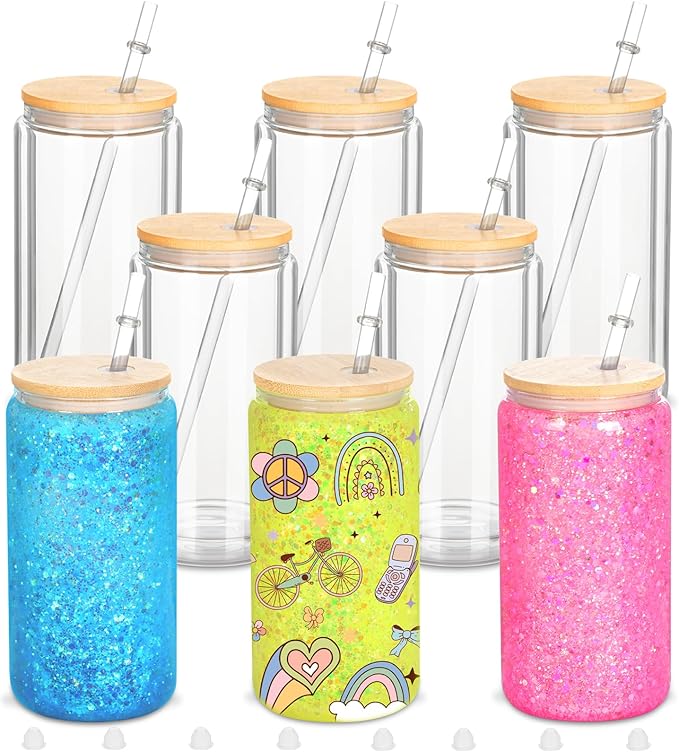 8 Pack 16 Oz Sublimation Snow Globe Tumbler, Snow Globe Cups with Pre Drilled Hole, Double Wall Beer Can Glass Mason Jar Mug with Bamboo Lids and Straws for Snowglobe DIY - Bloomnest