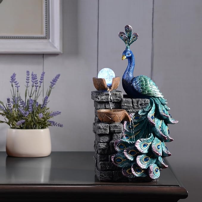 Tabletop Water Fountain Decor, Peacock with LED Glass Color Changing Globe,Relaxation Decorative Desktop Water Zen Fountain for Home/Office,Living Room Décor.13.78" Tall