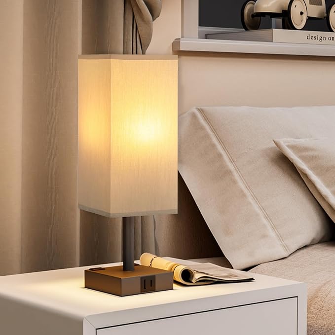 Touch Bedside Table Lamp For Nightstand - 3-Way Dimmable Night Lamp with USB A + Type C Charging Ports and two AC Outlets, Small Desk Light with E26 LED Bulb for Bedroom Living Room Office, Grey Black - Bloomnest