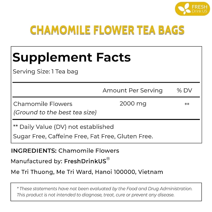 FRESHDRINKUS, Premium 25 Chamomile Tea Bags, 100% Natural and Pure Chamomile Flowers, Eco-conscious Tea Bags. Chamomile Flower Herbal Tea. No Sugar, No Caffeine, No Gluten, Vegan. - Bloomnest