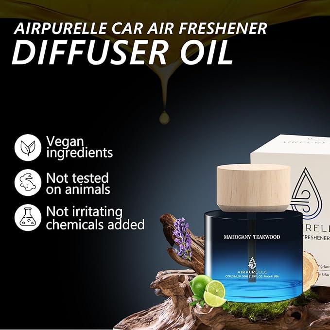Car Air Freshener 50ML (1.7 FL OZ) Car Air Fresheners Perfume - Mahogany Teakwood Fragrance Oil Air Diffuser for Car, 180+ days Long Lasting Fragrance, Wooden Cup Design Car Fresheners, Made in USA - Bloomnest