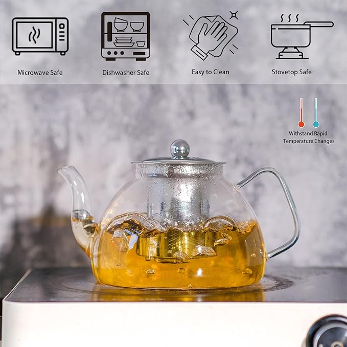 1200ml/40 oz Glass Teapot with 4 Double Wall Teacups and Removable Stainless Steel Infuser, Tea Sets for Adults, Clear Tea Kettle Stovetop Safe for Loose Leaf and Blooming Tea, Tea Maker Gift - Bloomnest
