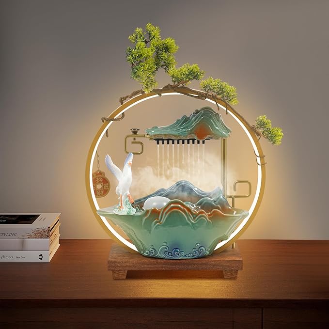 Tabletop Water Fountains, Indoor Water Fall with LED Light Zen Decor for Meditation with Mist, Japanese Decor with Fake Plants Feng Shui Decor for Good Luck Wealth - Bloomnest