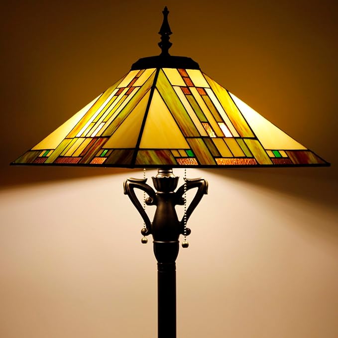 Tiffany Floor Lamp Blue White Brown Mission Style Stained Glass Standing Reading Light 16X16X64 Inch - Bloomnest