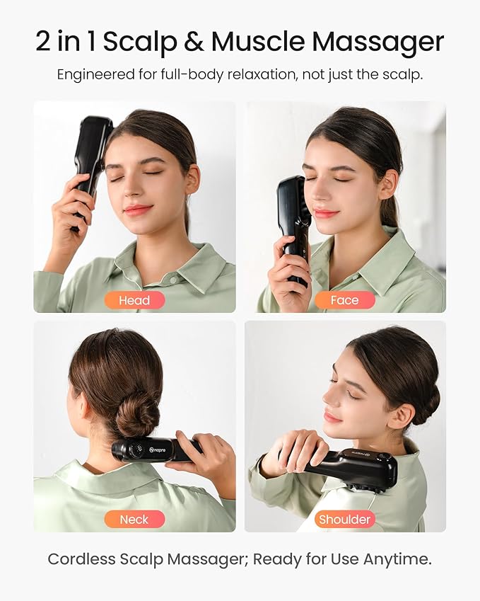 NAPRE Electric Scalp Massager,Head & Hair Massager Scalp Stress Relax,Cordless Handheld Muscle Massager with Horizontal Vibration for Face,Neck,Shoulder & Body,with Charging Dock Napre