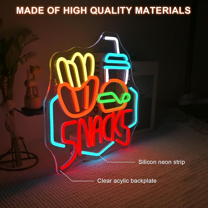 Lucunstar Snack Burger Fries Neon Sign LED Sign for Burger Shop Decor Hamburger LED Neon Light USB Connectivity Neon Sign with Dimming switch for Restaurant Kitchen Store Party Bar Sign - Bloomnest