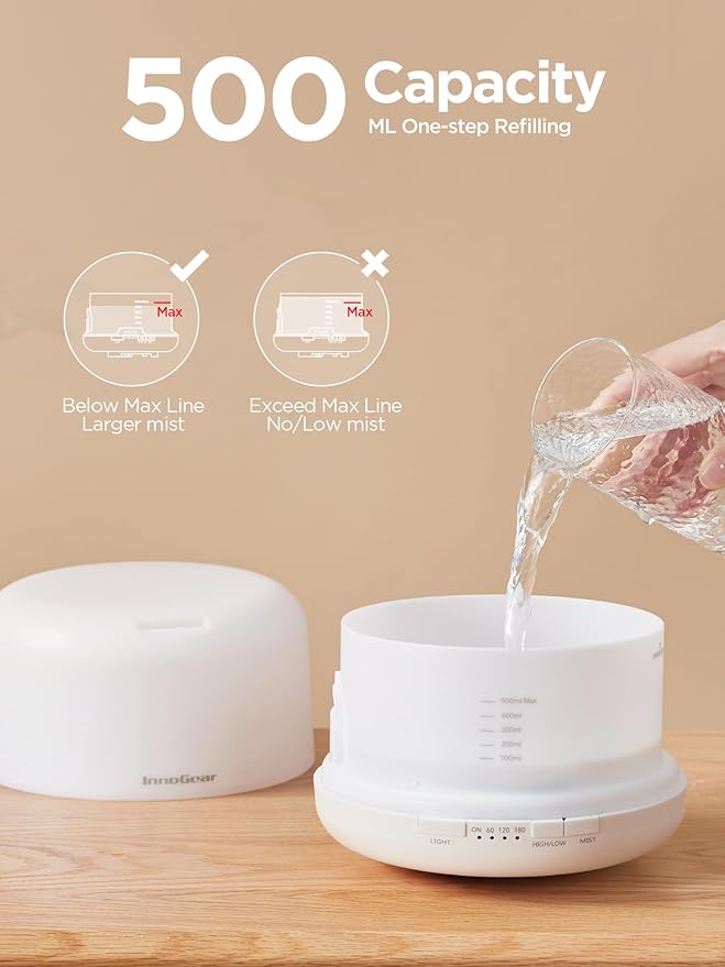 InnoGear 500ml Essential Oil Diffuser with Remote Control, Premium Ultrasonic Aromatherapy Diffusers Scent Humidifier Vaporizer Auto-Off Timer for Large Room Home, Basic White - Bloomnest
